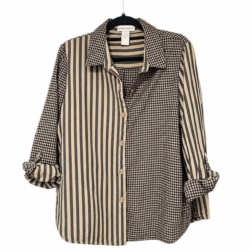 Draper's & Damon's Button Down Women Petite Large Black Tan VTG Striped Gingham
